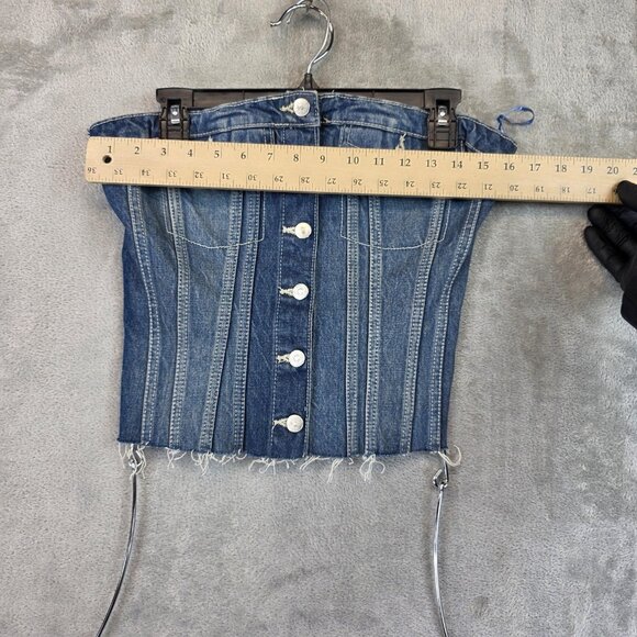 Zara Denim Corset Bustier Top Womens Large Blue Button Front Smocked Strapless - Picture 2 of 9